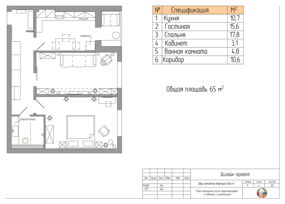 Дизайн проект двух комнатной квартиры. Для молодой семьи.
