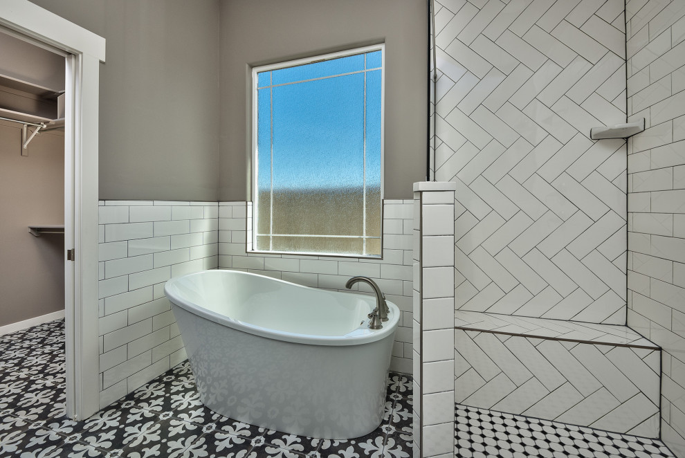 Inspiration for a mid-sized contemporary master bathroom in Other with recessed-panel cabinets, dark wood cabinets, a corner shower, a two-piece toilet, white tile, porcelain tile, grey walls, ceramic floors, a drop-in sink, laminate benchtops, multi-coloured floor, an open shower and white benchtops.