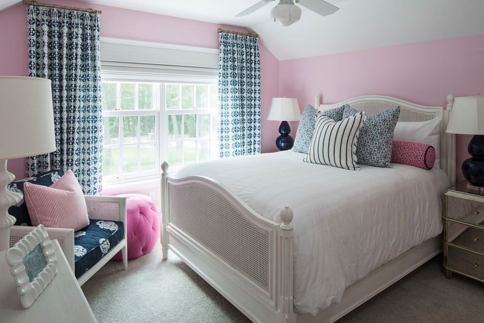 Traditional guest bedroom in Minneapolis with pink walls, carpet and no fireplace.