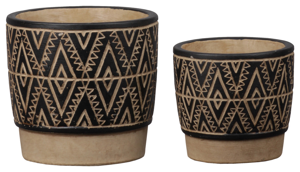 Round Ceramic Pot With Tribal Design, Charcoal, 2-Piece Set