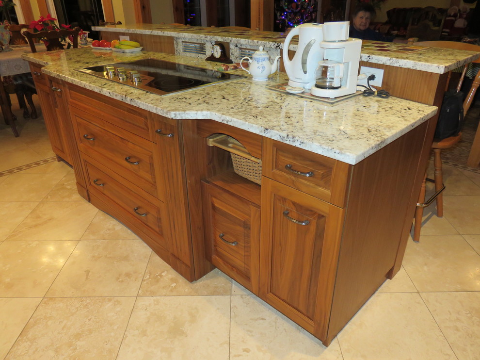 Inspiration for a large transitional l-shaped ceramic tile open concept kitchen remodel with raised-panel cabinets, medium tone wood cabinets, granite countertops, stainless steel appliances, an island, a double-bowl sink, white backsplash and subway tile backsplash