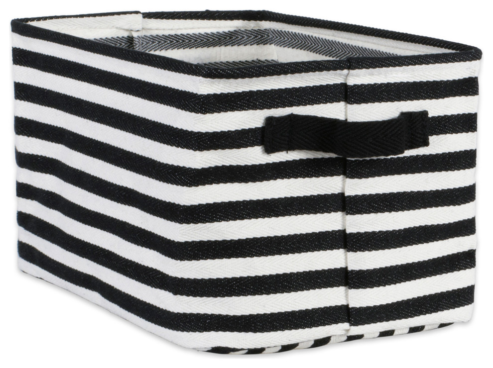 Herringbone Woven Cotton Laundry Bin Stripe Black Rectangle Medium, Set of 2