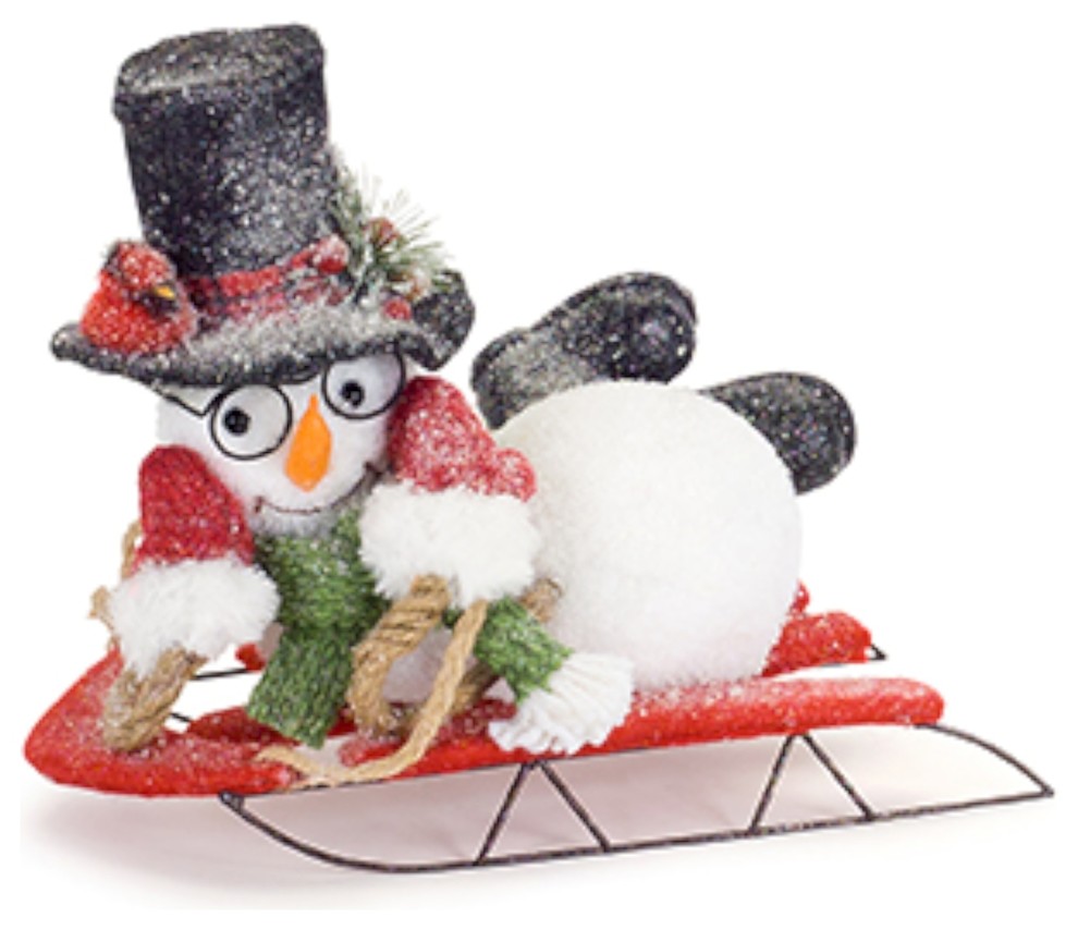 Snowman on Sled (Set of 2) 11.5"L x 10"H Foam/Flocking Contemporary