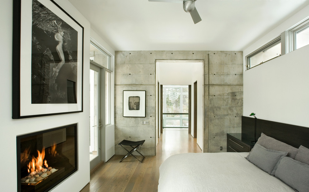 This is an example of a contemporary bedroom in Denver with white walls, medium hardwood floors and a standard fireplace.