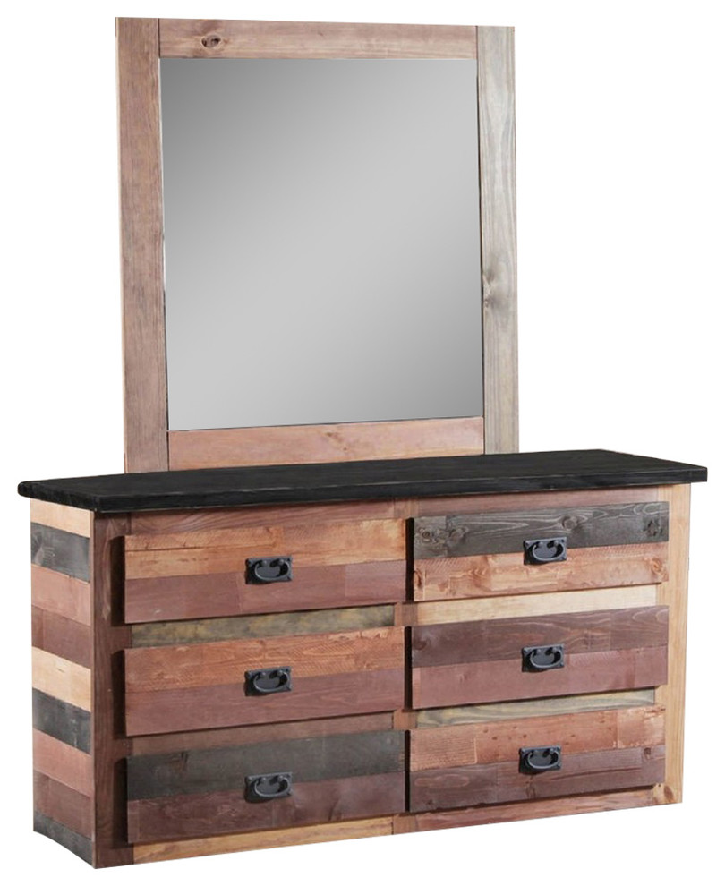 6 Drawer Dresser With Jumbo Mirror Multi Color Rustic Bedroom