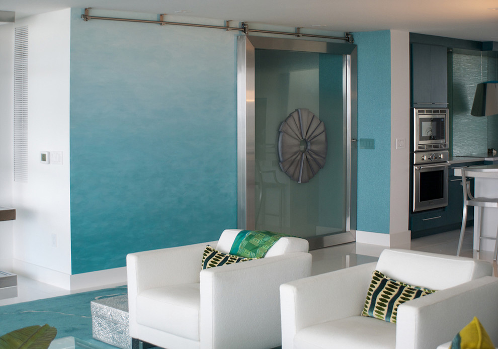 Photo of a contemporary living room in Miami with multi-coloured walls.