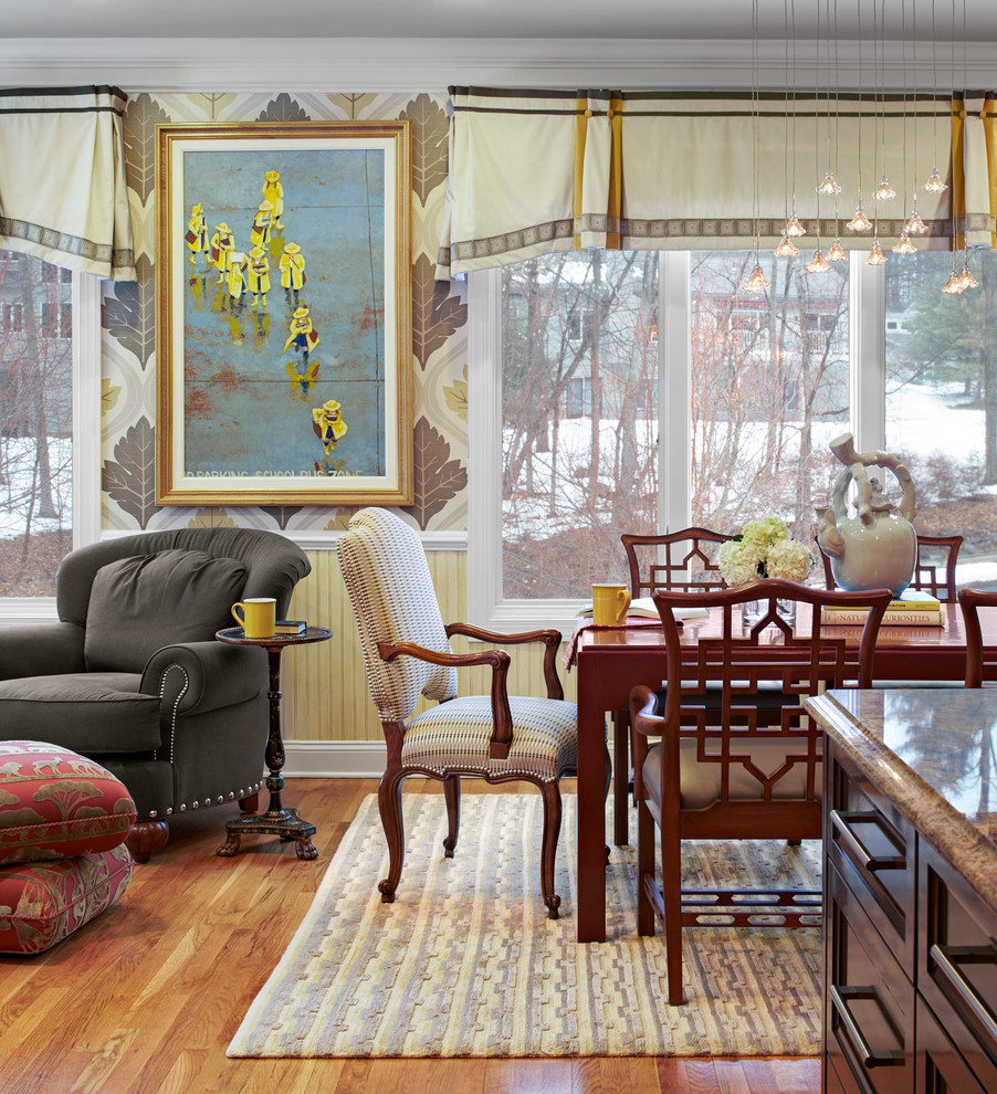 Example of a mid-sized transitional light wood floor and beige floor great room design in Bridgeport with multicolored walls and no fireplace