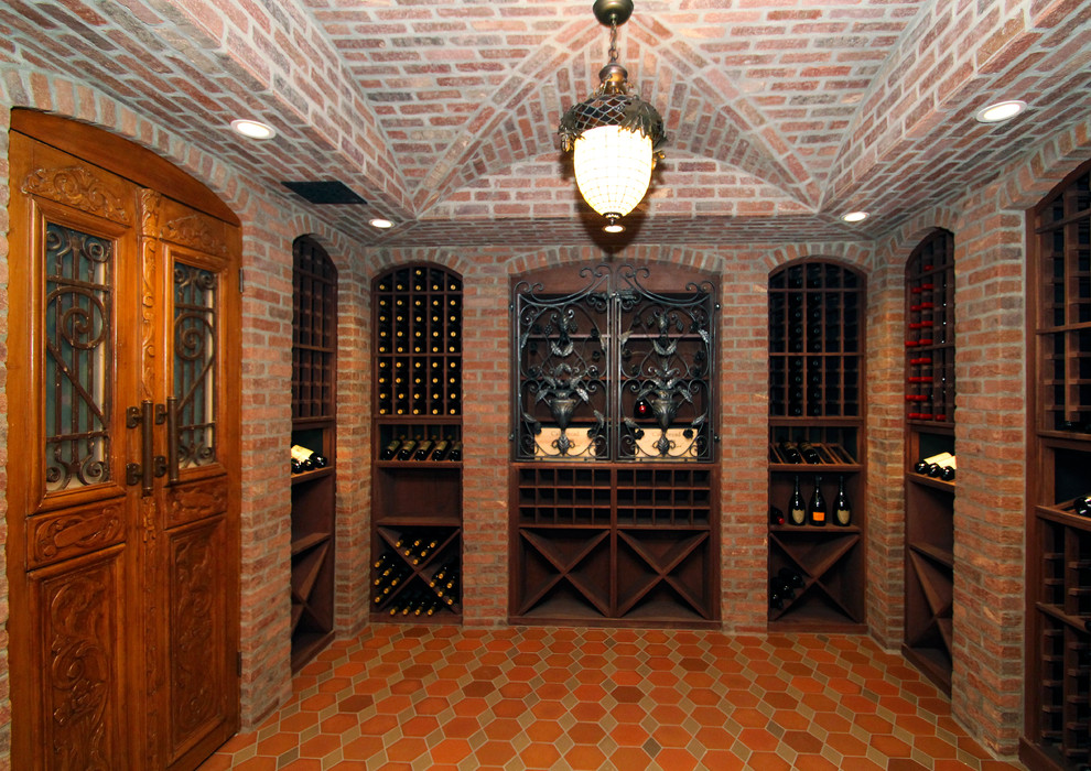 Photo of a mid-sized country wine cellar in Philadelphia with dark hardwood floors.