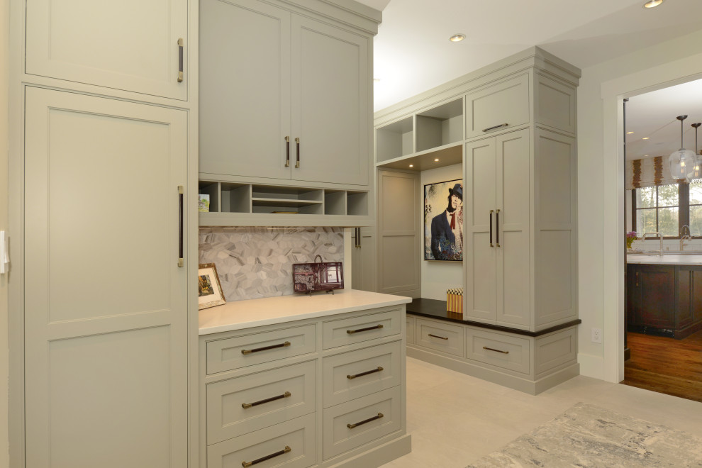 Mid-sized transitional porcelain tile and beige floor mudroom photo in DC Metro with beige walls