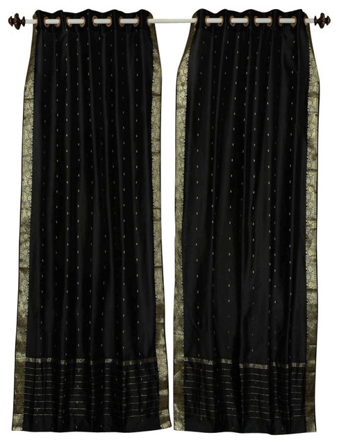 Black Ring Top Sheer Sari Curtain Drape Panel Piece