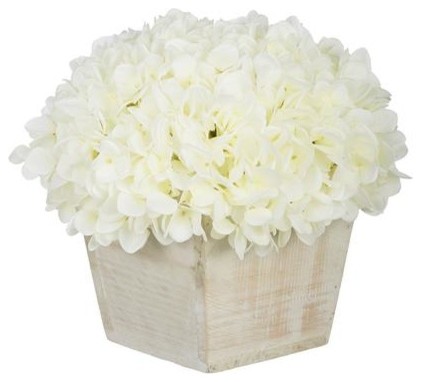 Artificial White Hydrangea in White-Washed Wood Cube