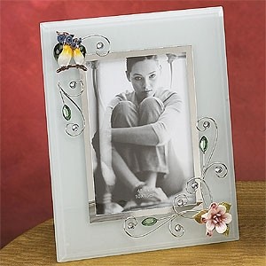 Picture Frame with Owl Pair with Porcelain Blooming Flower, Light Blue