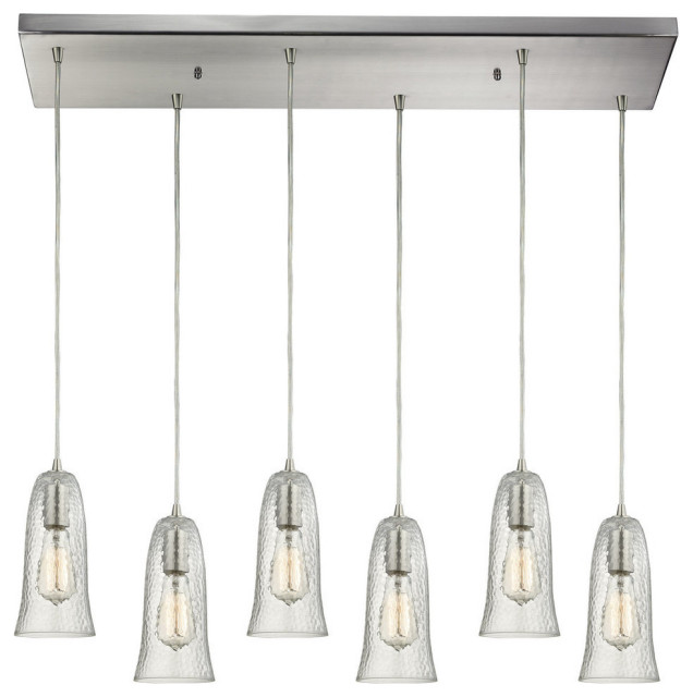 Hammered Glass 6Light Pendant, Satin Nickel Transitional Kitchen