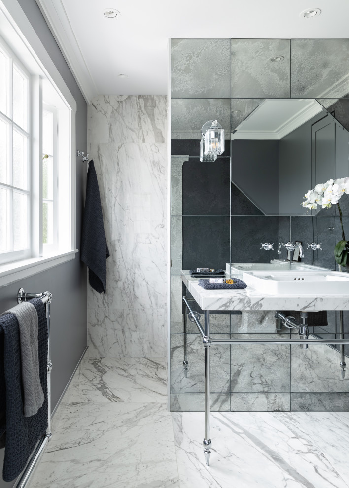 Photo of a mid-sized transitional master bathroom in Auckland with open cabinets, white cabinets, an alcove shower, gray tile, mirror tile, grey walls, porcelain floors, a vessel sink, tile benchtops, white floor, an open shower, white benchtops, a niche, a single vanity and a floating vanity.