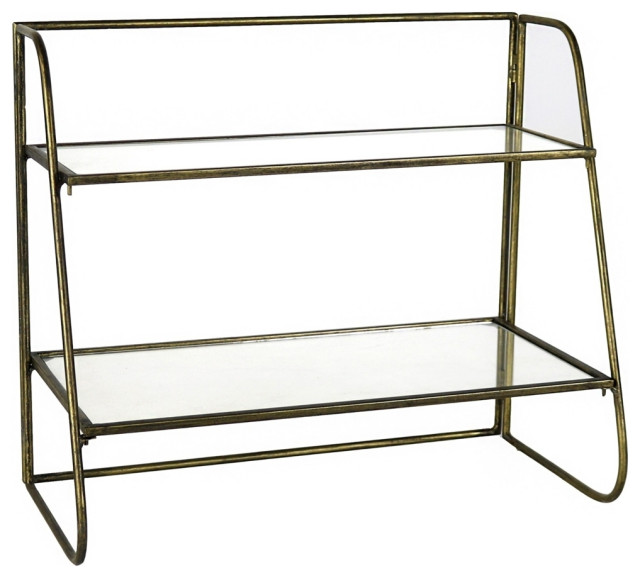 Saltoro Sherpi 2 Tier Tubular Metal Frame Stand With Glass Shelves Brass And Transitional Display Wall By Virventures Houzz - Gold Quatrefoil Metal Wall Shelf