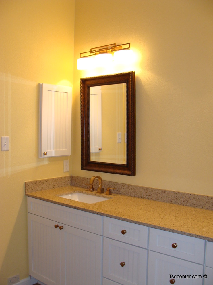 Home design - transitional multicolored tile and porcelain tile porcelain tile home design idea with an undermount sink and white cabinets