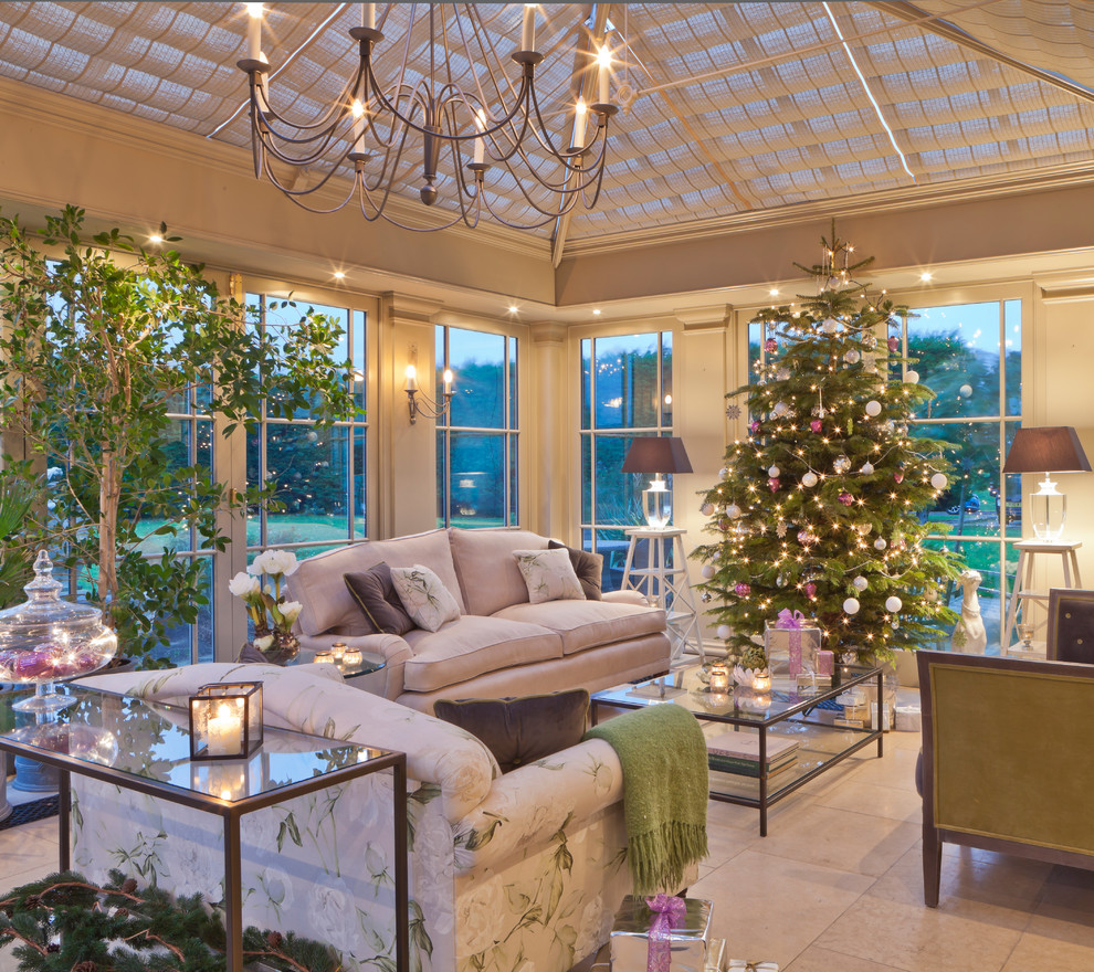 Photo of a large traditional sunroom in Other with vinyl floors and a glass ceiling.