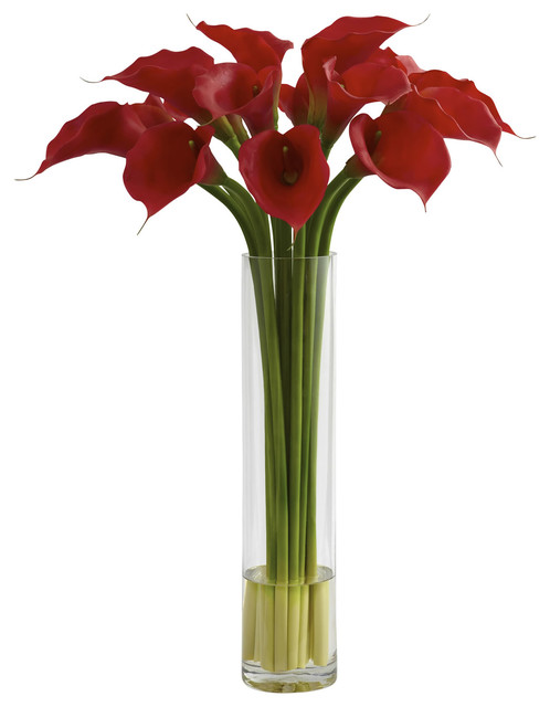 Nearly Natural Red Calla Lily With Large Cylinder Vase Nearly Natural Red Calla Lily With Large Cylinder Vase Traditional Artificial Flower Arrangements
