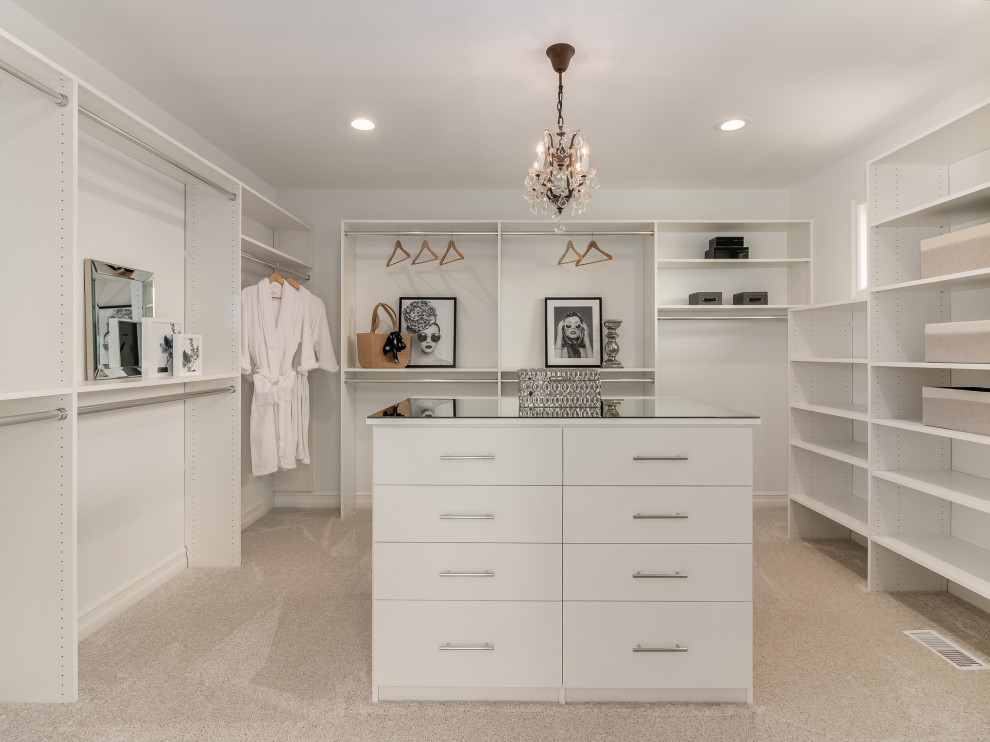 This is an example of a large gender-neutral walk-in wardrobe in Chicago with flat-panel cabinets, white cabinets, carpet and beige floor.