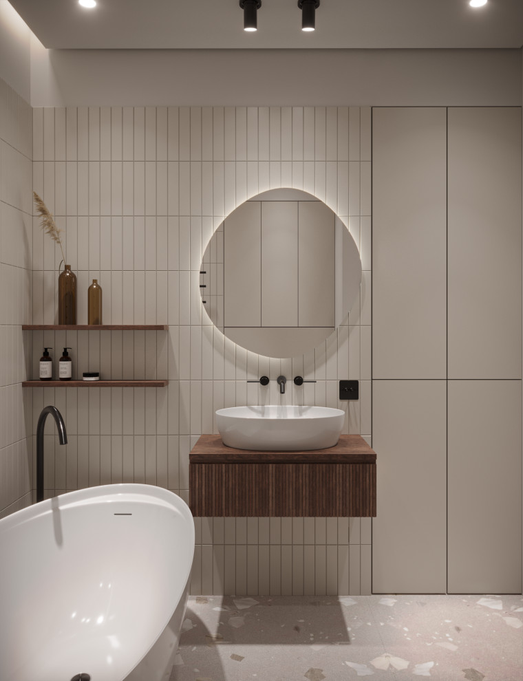Design ideas for a small scandinavian master bathroom in Palma de Mallorca with raised-panel cabinets, dark wood cabinets, a freestanding tub, a wall-mount toilet, beige tile, ceramic tile, beige walls, cement tiles, an undermount sink, beige floor, a single vanity and a floating vanity.