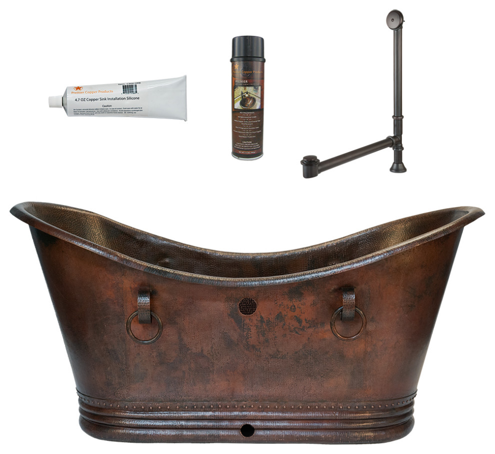 72" Hammered Copper Double Slipper Bathtub, Rings, Overflow Holes