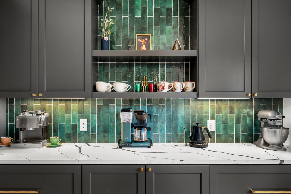 Kitchen pantry - mid-sized transitional kitchen pantry idea in Austin with shaker cabinets, green backsplash and no island