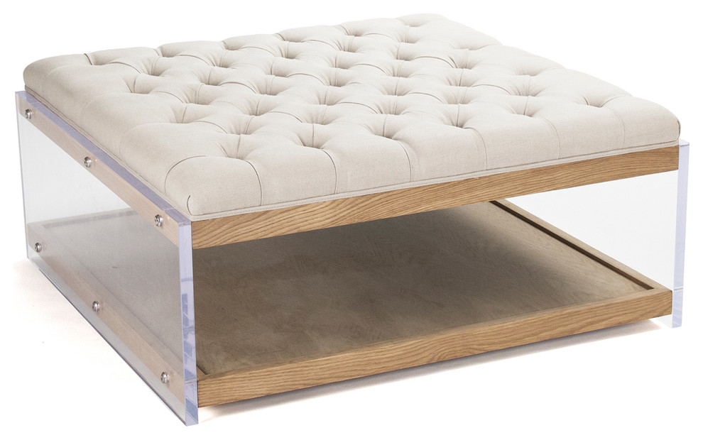 Square Linen Hollywood Regency Wood Acrylic Cocktail Ottoman