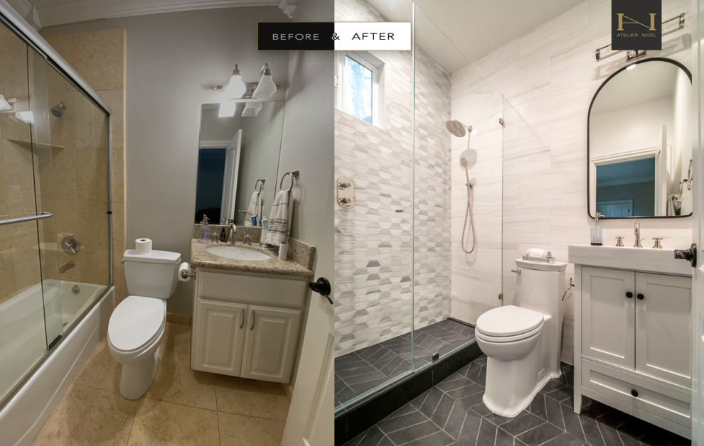 Пример оригинального дизайна: ванная комната с фасадами в стиле шейкер, белыми фасадами, душем в нише, унитазом-моноблоком, разноцветной плиткой, каменной плиткой, разноцветными стенами, полом из керамогранита, душевой кабиной, врезной раковиной, столешницей из искусственного кварца, черным полом, душем с распашными дверями, белой столешницей, тумбой под одну раковину и напольной тумбой