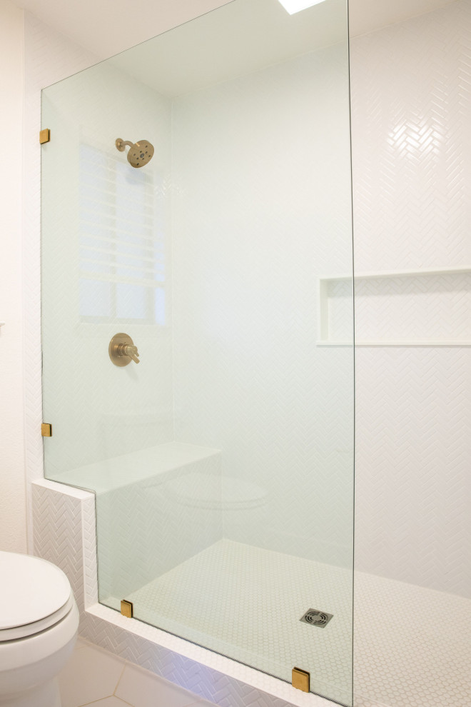 This is an example of a medium sized scandinavian ensuite bathroom in Other with flat-panel cabinets, beige cabinets, a walk-in shower, a one-piece toilet, white tiles, ceramic tiles, white walls, ceramic flooring, a submerged sink, engineered stone worktops, grey floors, an open shower, white worktops, double sinks and a floating vanity unit.