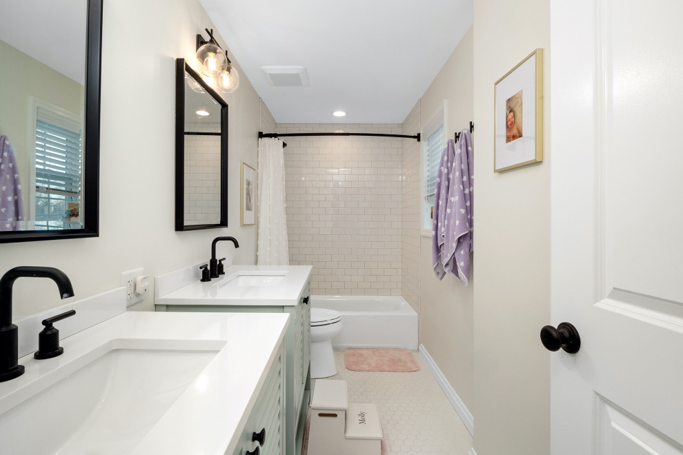 Mid-sized transitional kids' beige tile and ceramic tile porcelain tile, white floor and double-sink bathroom photo in St Louis with louvered cabinets, green cabinets, a two-piece toilet, beige walls, an undermount sink, quartz countertops, white countertops and a freestanding vanity