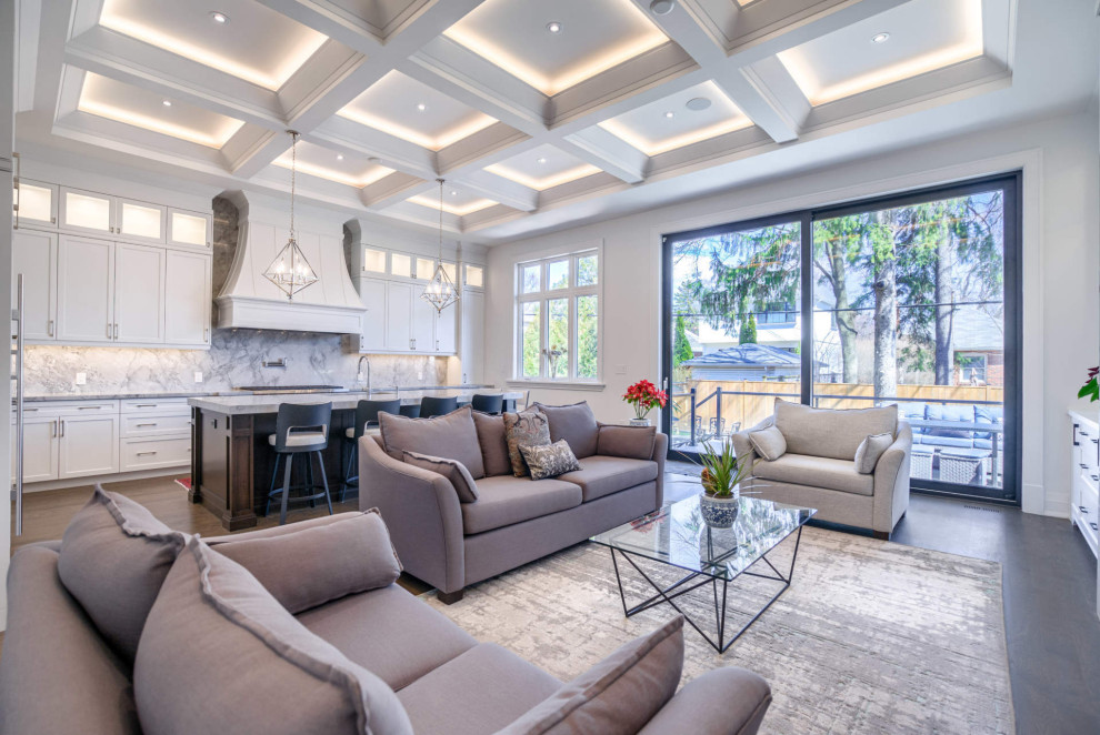 Photo of a large transitional formal open concept living room in Toronto with white walls, dark hardwood floors, a ribbon fireplace, a stone fireplace surround and brown floor.