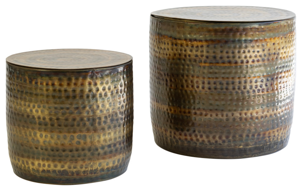 2Piece Set Hammered Copper Brass Storage Accent Table Coffee Rustic