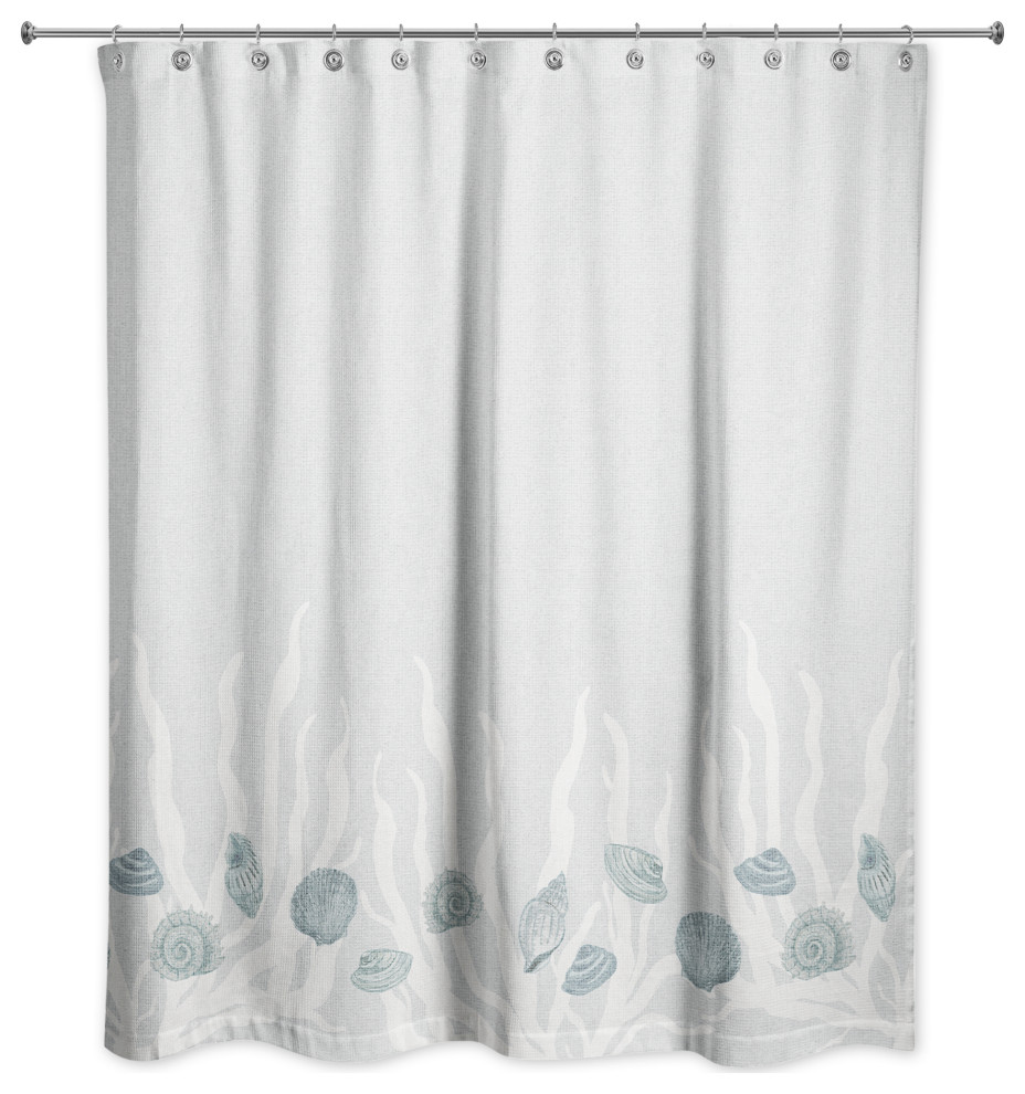 Blue Shell and White Coral Border on Blue 71 x 74 Shower Curtain