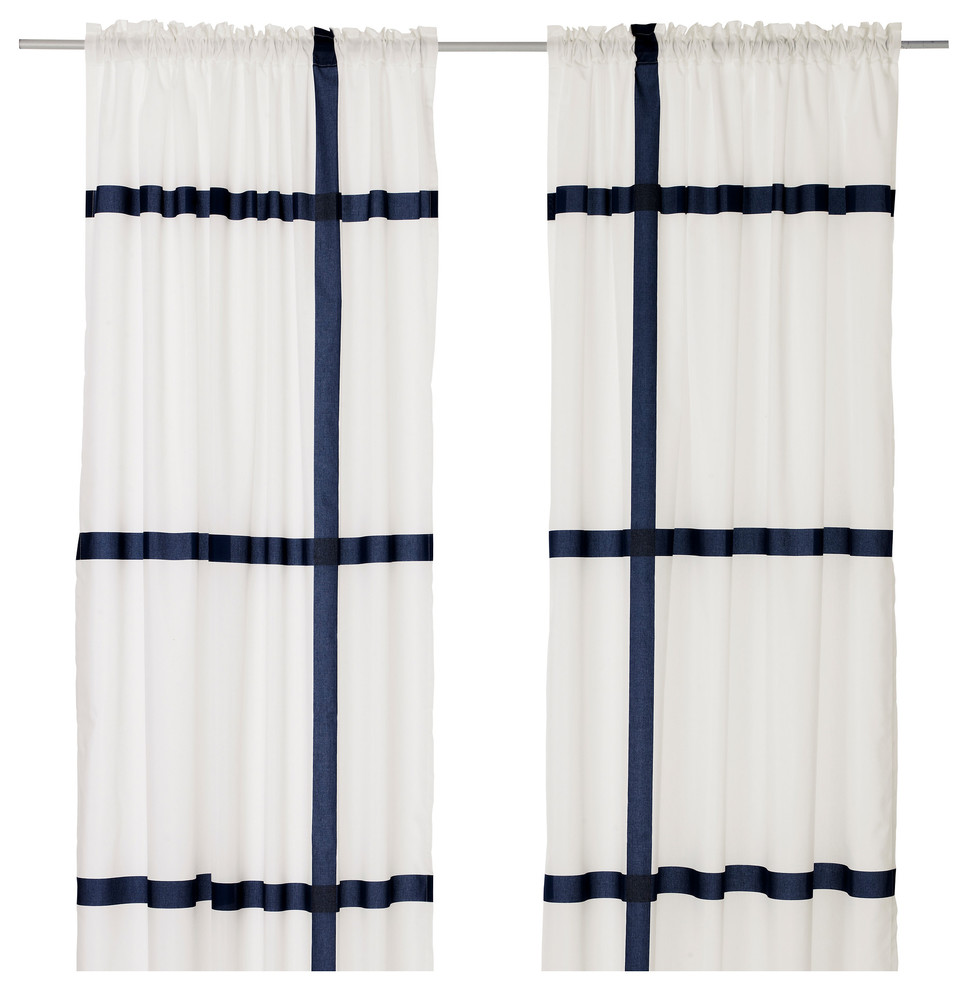Marmorblad Curtains, White/Dark Blue, Set of 2