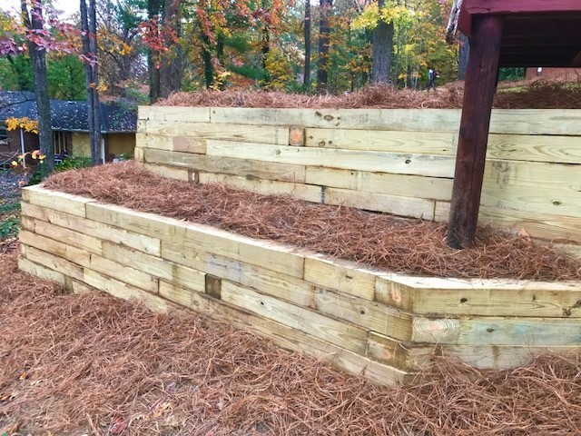 Modular Concrete Block Wall with Steps, Pressure Treated Timber Walls, Sod