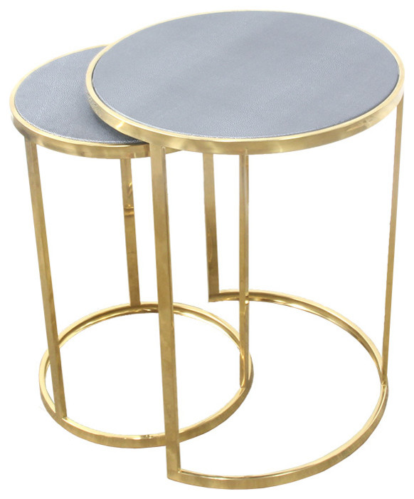 Charles Nesting Tables, Faux Shagreen With Gold Metal, 2 Piece Set