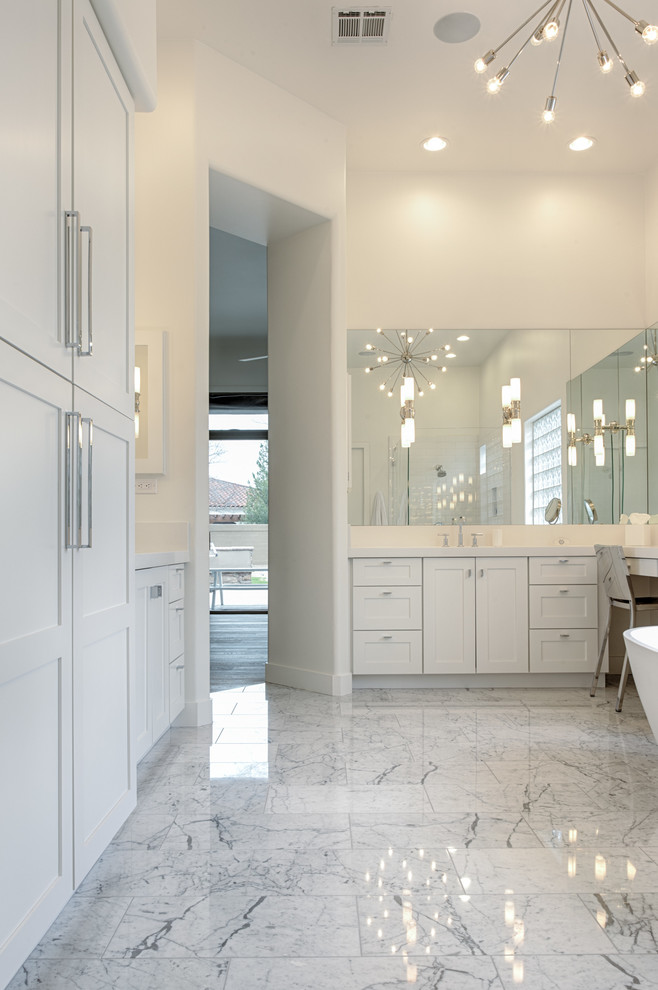 Large transitional master black and white tile bathroom photo in Phoenix with shaker cabinets and white cabinets