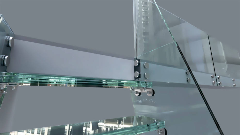 Imagen de escalera en U minimalista grande con escalones de vidrio, barandilla de metal y panelado