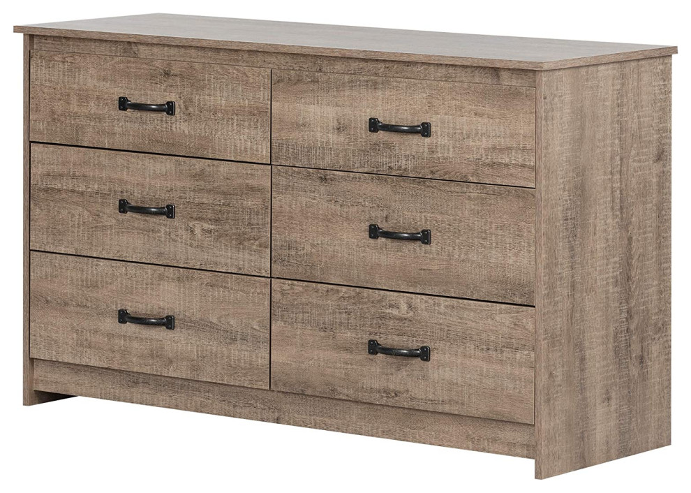 Rustic Double Dresser, Weathered Oak Wooden Frame With 6 Drawers and Metal Pulls