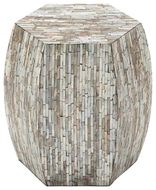 Beach Style Hexagonal Wood And Mussel Shells Accent Table