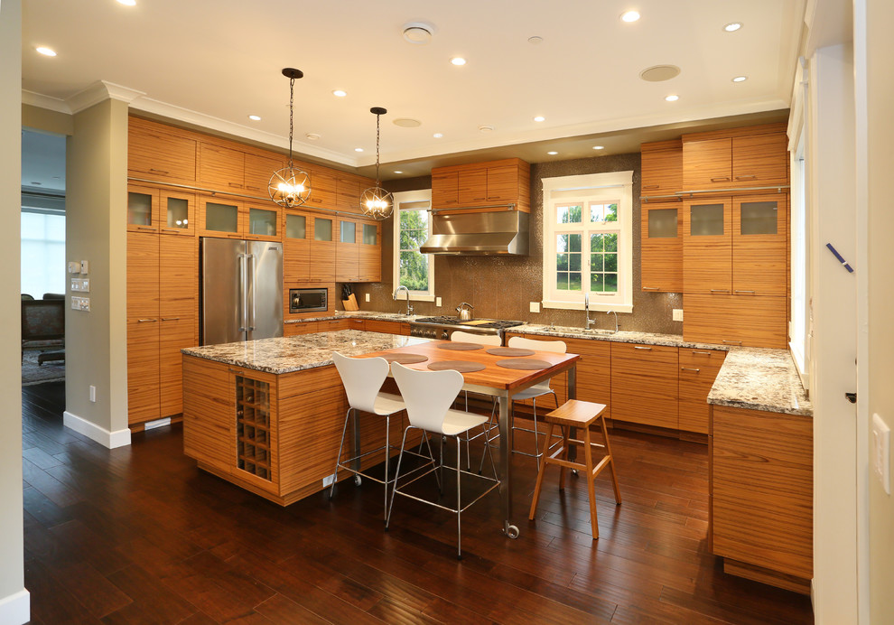 Photo of a large asian l-shaped eat-in kitchen in Vancouver with a drop-in sink, flat-panel cabinets, multi-coloured splashback, ceramic splashback, stainless steel appliances, dark hardwood floors and with island.