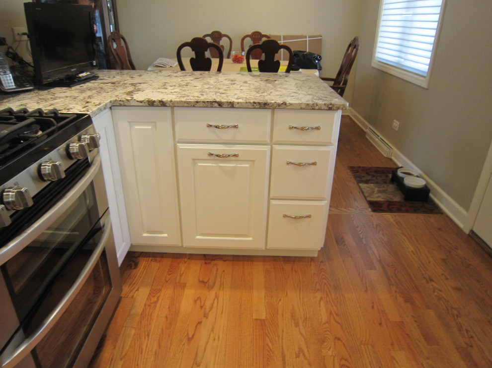Mid-sized transitional medium tone wood floor eat-in kitchen photo in Chicago with raised-panel cabinets, white cabinets, stainless steel appliances, a peninsula, granite countertops and a double-bowl sink