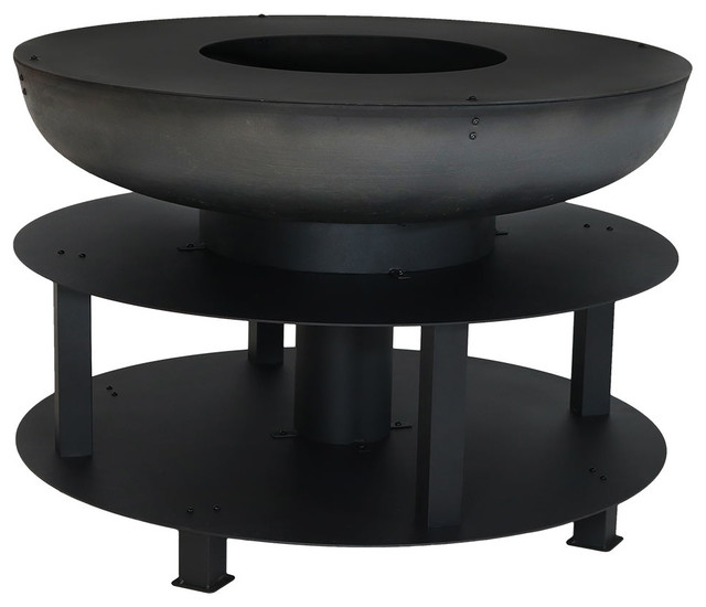 Sunnydaze Black Outdoor Fire Pit With Cooking Ledge And Wood