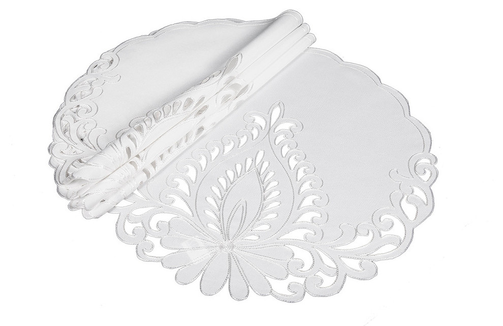 Wilshire Embroidered Cutwork Placemats, White, 16" Round, Set of 4, 16