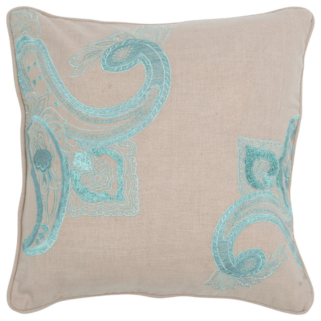 18"x18"Khaki Decorative Pillow With Embroidered Contemporary