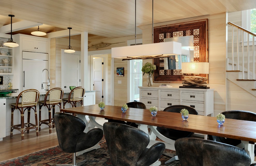 This is an example of a beach style open plan dining in Portland Maine.