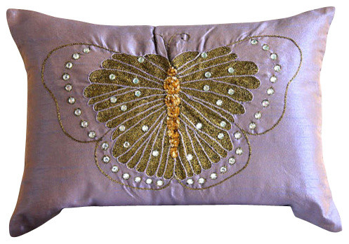 Embroidered Butterfly, 12"x20" Art Silk Purple Lumbar Pillow Cover