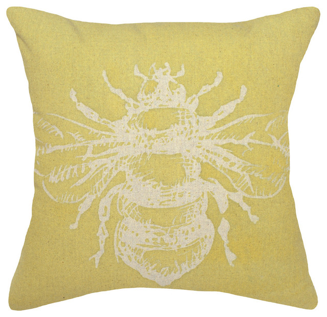 Bumble Bee Printed Linen Pillow With Feather-Down Insert, Mustard