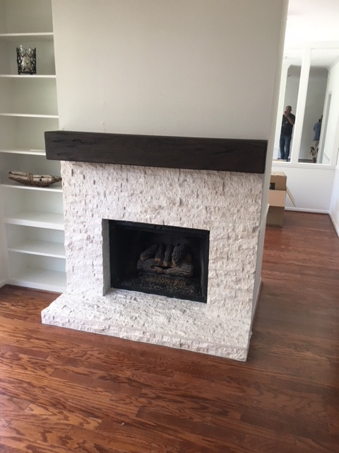 Stone Stacked Fireplace & New Mantel