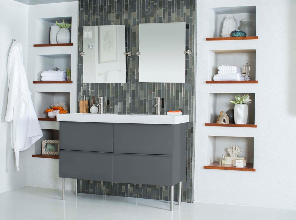 This is an example of a large modern master bathroom in Miami with flat-panel cabinets, grey cabinets, an alcove shower, gray tile, glass tile, white walls, an undermount sink and recycled glass benchtops.